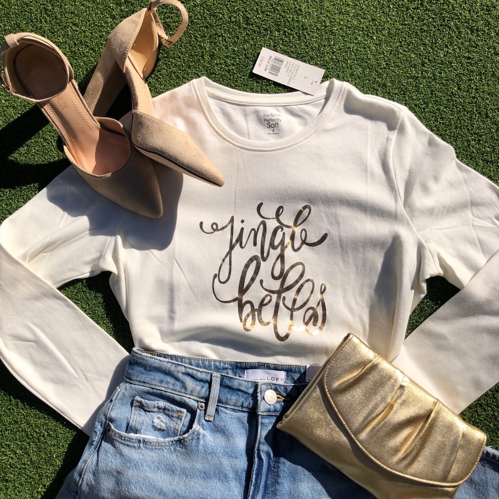 NEW Kim Rogers Jingle Bells Christmas Holiday Graphic Long Sleeve Shirt Small S